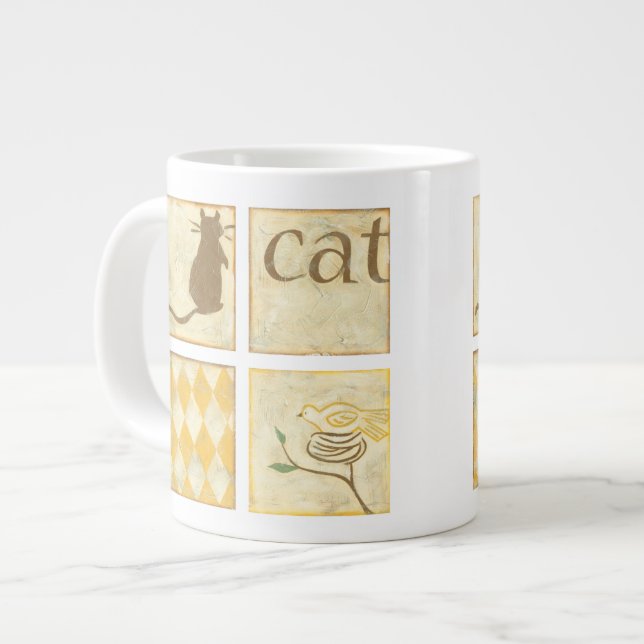 Caneca De Café Grande Castanho Gato e Pássaro Amarelo por Chariklia Zarr (Frente Esquerda)