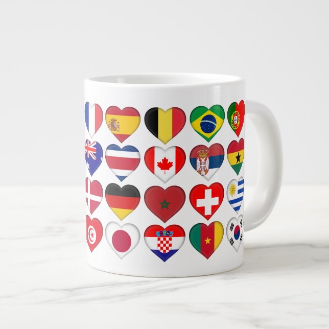 Caneca De Café Grande Catar Tournament 32 Country Flags Hearts (Frente Esquerda)
