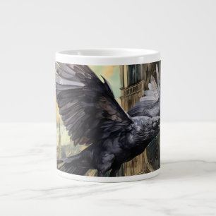 Caneca De Café Grande Catedral Gótica Medieval e Raven Voadora