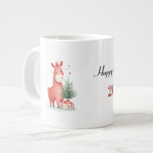 Caneca De Café Grande Cavalo Vermelho de Aquarela com presentes e árvore