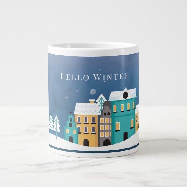 Caneca De Café Grande Cena da Aldeia Noturna "Hello Winter" Editável (Frente)