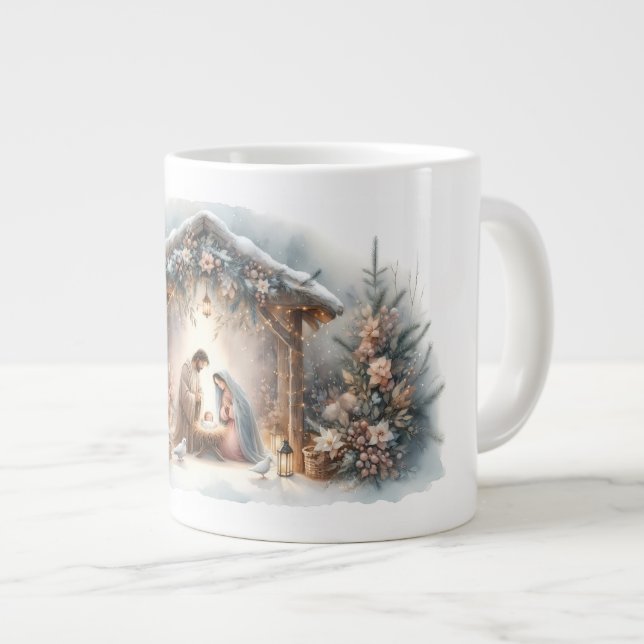 Caneca De Café Grande Cena de Natal Rústica com Florais de Inverno (Frente Esquerda)