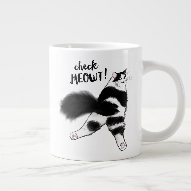Caneca De Café Grande Cheque Meowt! Negra e Branca Engraçados (Direita)