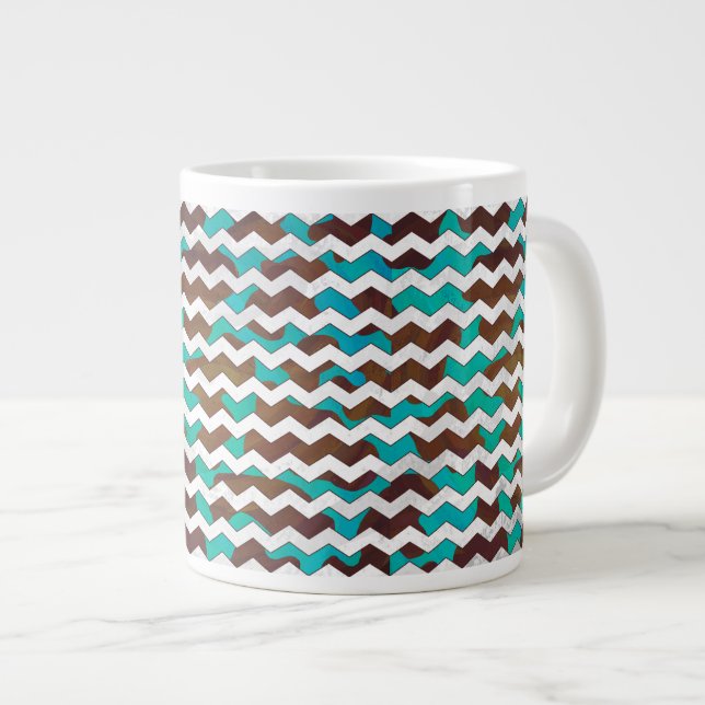 Caneca De Café Grande Chevron Cow Brown e Teal Impressão (Frente Esquerda)