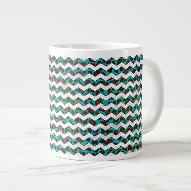 Caneca De Café Grande Chevron Leopard Brown e Teal Impressão (Frente Esquerda)