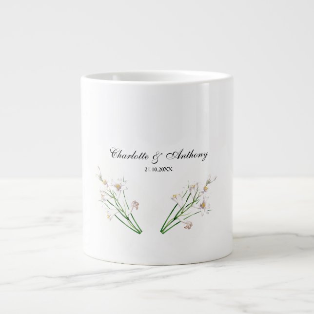 Caneca De Café Grande Chic Branca Floral Elegante De Casamento (Frente)