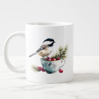 Caneca De Café Grande Chickadee on Teacup With Cranberries