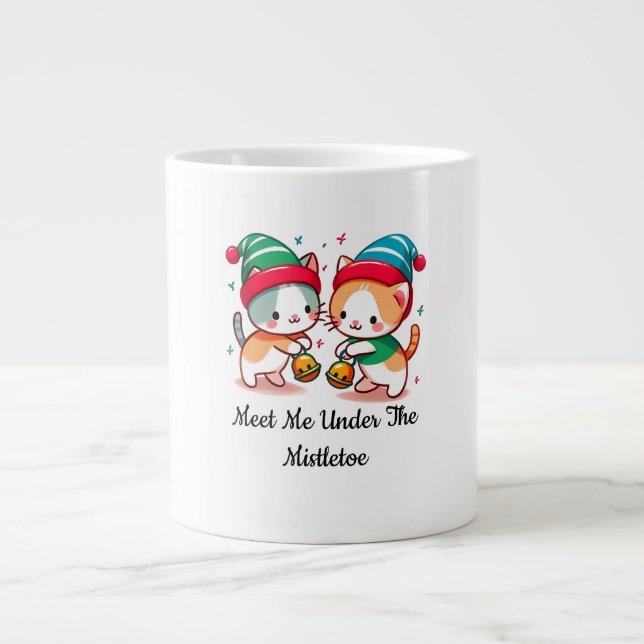 Caneca De Café Grande Christmas Cute Cat Meet Me Under The MistleToe (Frente)