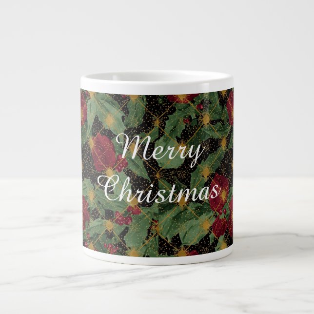 Caneca De Café Grande Christmas Flowers Pattern,Gold Red Green Black  (Frente)