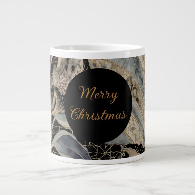 Caneca De Café Grande Christmas,Merry Christmas,Gold Blue Flowers Leaves (Frente)