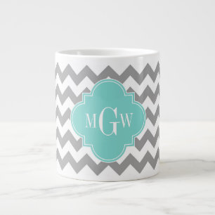 Caneca De Café Grande Cinza Chevron Aqua Quatrefoil 3 Monograma