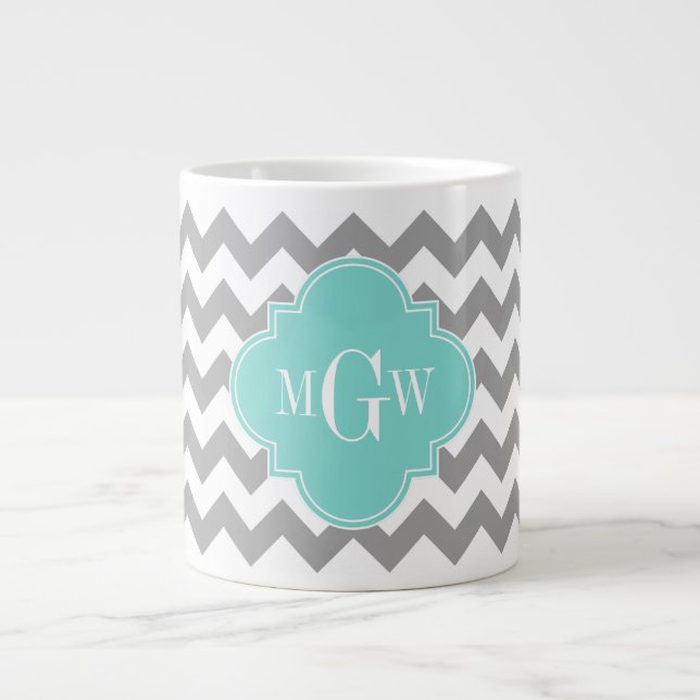 Caneca De Café Grande Cinza Whevron Aqua Quatrefoil 3 Monograma (Frente)