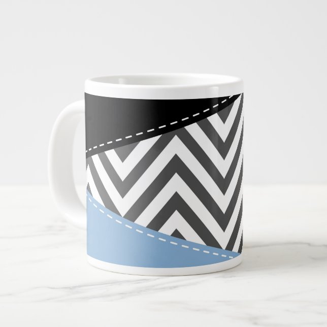 Caneca De Café Grande Cinza Zigzag, Cinza Chevron, Zigzag Patterno, Azul (Frente Esquerda)
