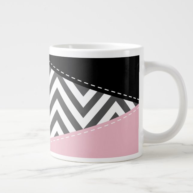 Caneca De Café Grande Cinza Zigzag, Cinza Chevron, Zigzag Patterno, Rosa (Direita)