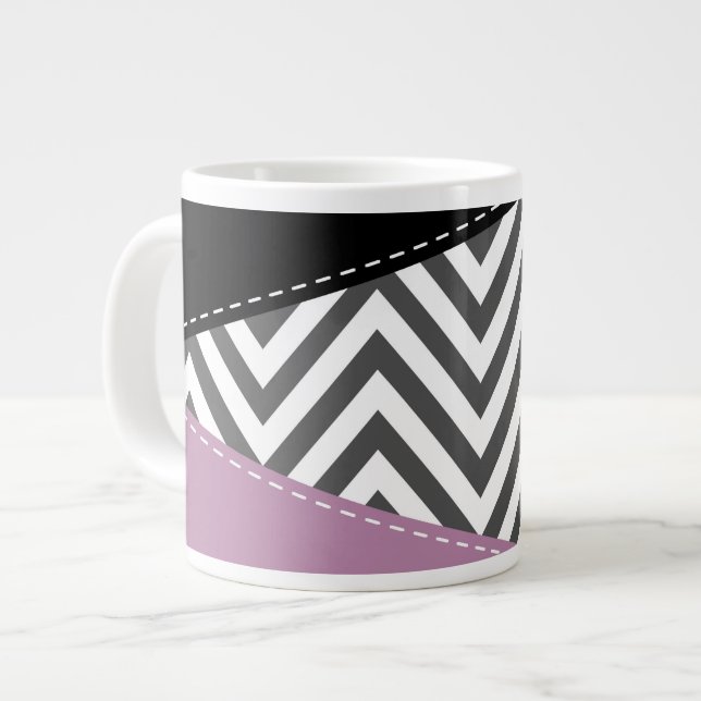 Caneca De Café Grande Cinza Zigzag, Cinza Chevron, Zigzag Patterno, Roxo (Frente Esquerda)