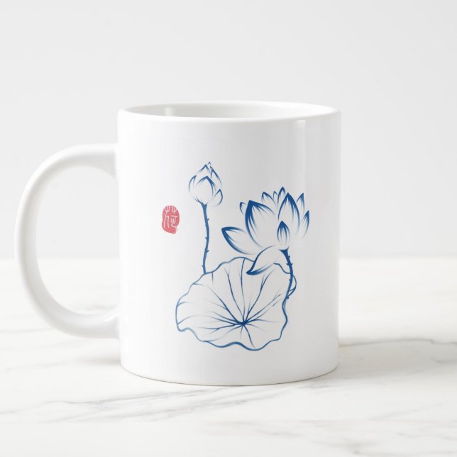 Caneca De Café Grande Citação Inspiradora de Lotus Azul Chinoiserie (Esquerda)