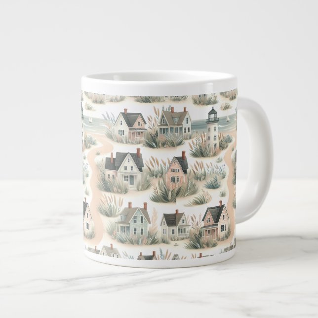 Caneca De Café Grande Coastal Cottage Lighthouse Pattern (Frente Esquerda)