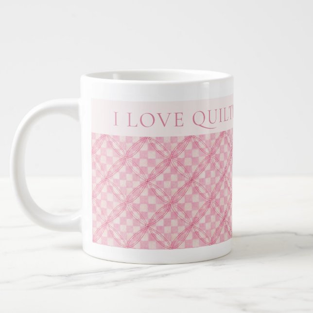 Caneca De Café Grande COBRERTOR DE XADREZ ROSA MUG Branco Grande + Texto (Esquerda)