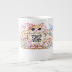 Caneca De Café Grande Código QR Personalizado Kawaii Gatinho Floral Rosa
