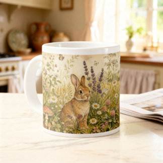 Caneca De Café Grande Coelho Botânico Florestal Vintage Cottagecore