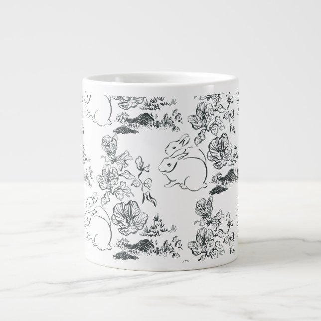 Caneca De Café Grande Coelho e Flor de Arte em Linha Negra (Frente)