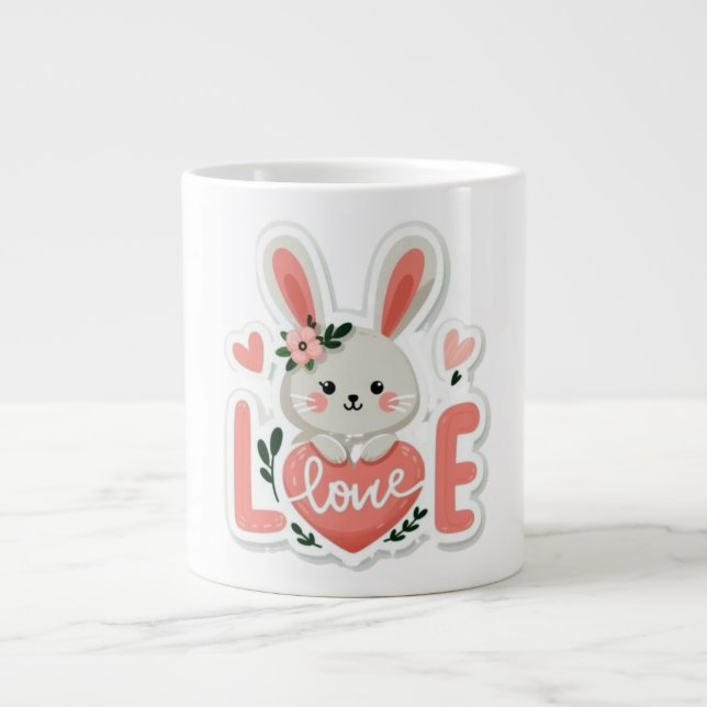 Caneca De Café Grande Coelho segurando coração (Frente)