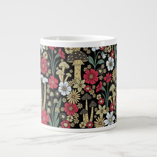 Caneca De Café Grande Cogumelos e flores vermelhos e verdes (Frente)