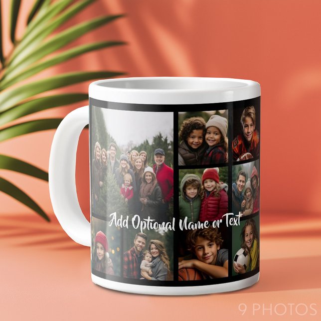 Caneca De Café Grande Colagem ao Quadrado de Fotos Preto 9 - com branco  (Add 9 photos to this personalized coffee mug.)