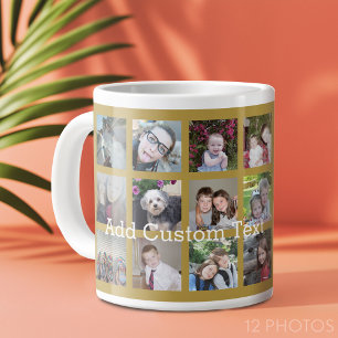 Caneca De Café Grande Colagem de 12 Fotos com Fundo Dourado