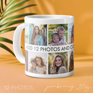 Caneca De Café Grande Colagem de 12 Fotos com uma Linha de Texto no Cent