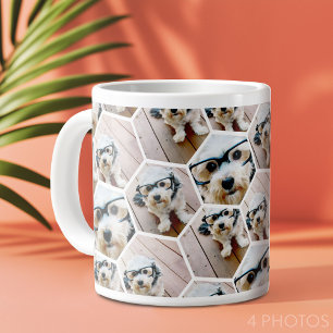 Caneca De Café Grande Colagem de 4 fotos - padrão hexagonal divertido