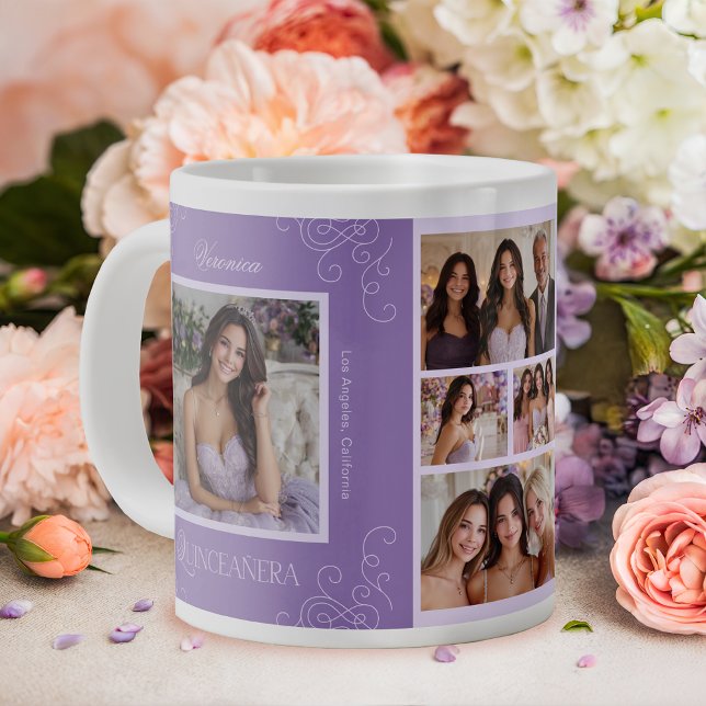 Caneca De Café Grande Colagem de Fotos Elegante Lavanda 6 Quinceañera (Criador carregado)