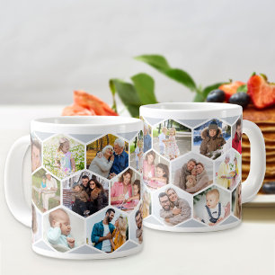 Caneca De Café Grande Colagem de Fotos Geométrica 17 Fotos Cinza Prata