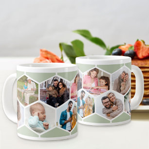 Caneca De Café Grande Colagem de Fotos Geométrica 9 Imagens Verde Sage