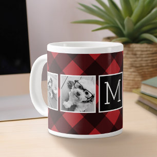 Caneca De Café Grande Colagem de Fotos - Monograma Vermelho Preto Xadrez