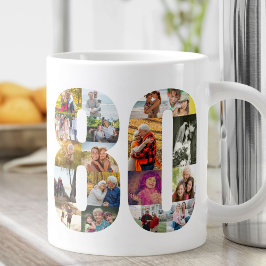 Caneca De Café Grande Colagem de Fotos Número 80 - Aniversário de 80