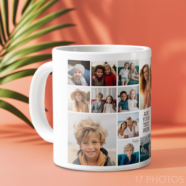 Caneca De Café Grande Colagem de Fotos Personalizada 17 - Texto Preto -  (Custom Photo Collage Mug)