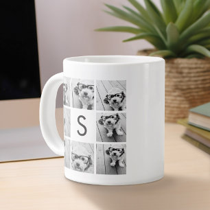 Caneca De Café Grande Colagem de Fotos Preto e Branco com Monograma Pers