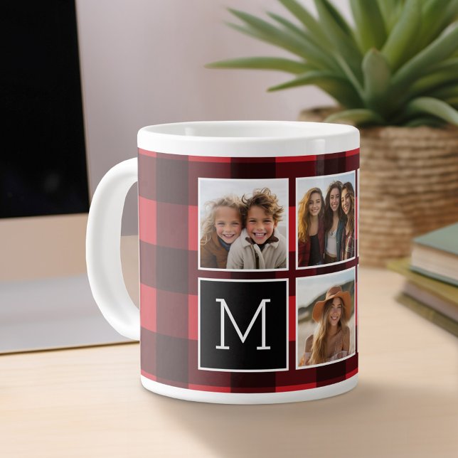 Caneca De Café Grande Colagem de Fotos - Xadrez de Búfalos Vermelho Mono (Personalized mug)