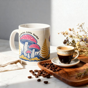 Caneca De Café Grande Colorida Arte Folclórica de Cogumelo Linocut Flore