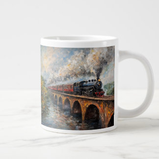 Caneca De Café Grande Comboio a vapor numa ponte - Pintura a óleo
