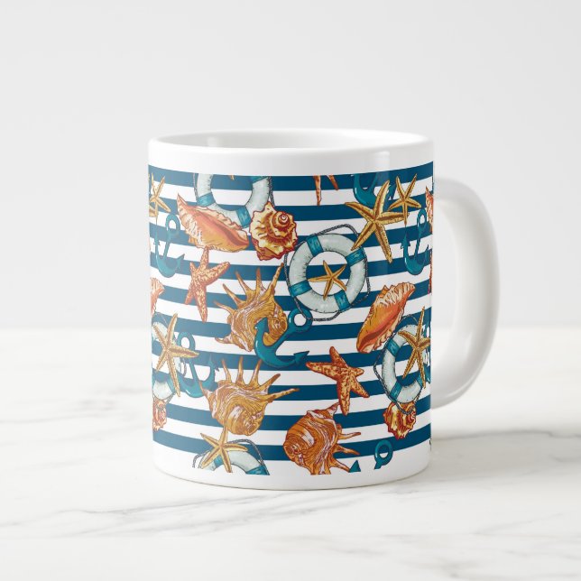 Caneca De Café Grande Conchas E Padrões De Âncora (Frente Esquerda)