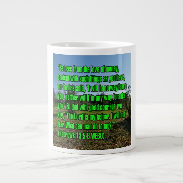Caneca De Café Grande Copo Hebreus 13:5-6 WEBU (Frente)