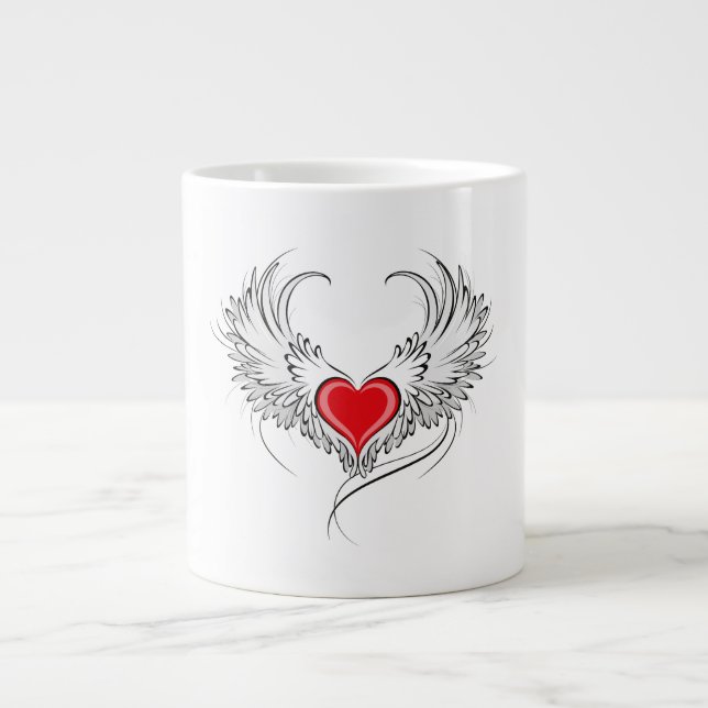 Caneca De Café Grande Coração Anjo Vermelho com asas (Frente)