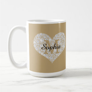 Caneca De Café Grande Coração de Diamante, Monograma de Ouro, Nom