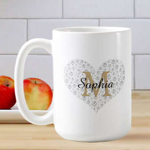 Caneca De Café Grande Coração de Diamante, Monograma de Ouro, Nom