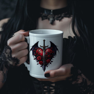 Caneca De Café Grande Coração Gótico com Asas, Espada e Rosas Vermelhas