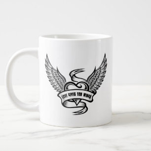 Caneca De Café Grande Coração Vintage Com Asas, Amor Te Dá Asas