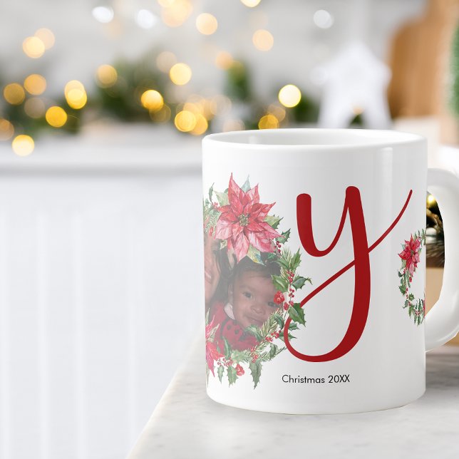 Caneca De Café Grande Coroa de Natal JOY Foto (JOY Christmas Wreath Photo Large Coffee Mug)