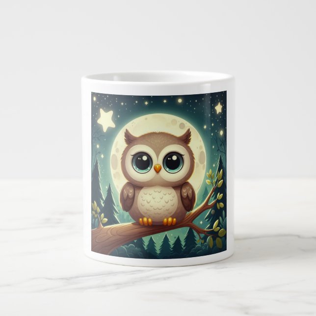 Caneca De Café Grande Coruja-bebê bonita à noite com lua (Frente)